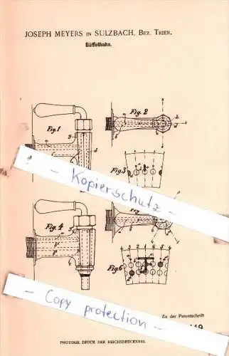 Original Patent  - Joseph Meyers in Sulzbach, Bez. Trier  , 1897 , Büffethahn !!!