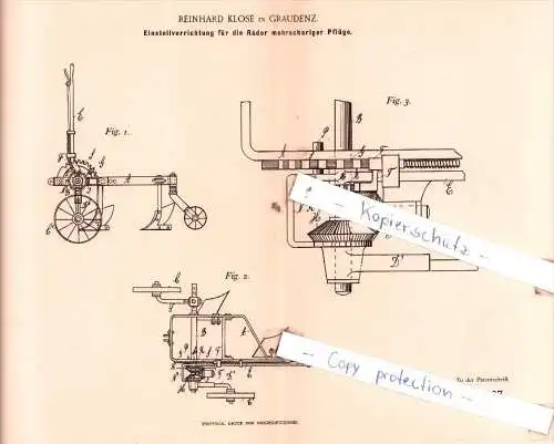 Original Patent  - Reinhard Klose in Graudenz , 1891 , Landwirthschaftliche Geräthe !!!