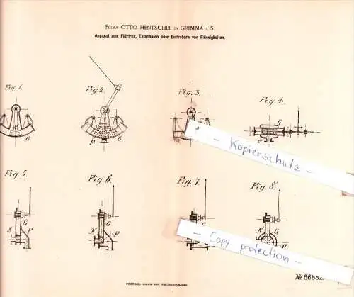 Original Patent  - Firma O. Hentschel in Grimma i. S. , 1892 , Filtriren oder Enttrebern von Flüssigkeiten !!!