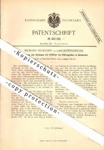 Original Patent - Richard Reckleben in Langenweddingen b. Sülzetal , 1888 , Apparat für Wasserwerk , Abwasser !!!