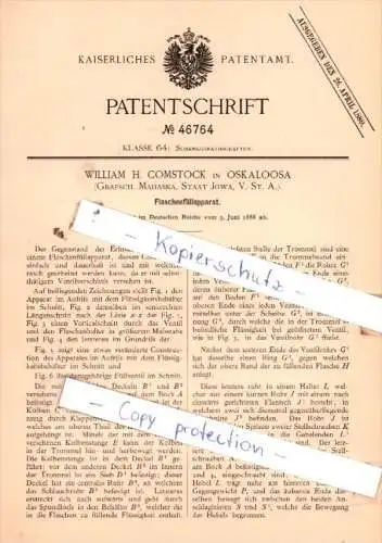 Original Patent  - Wiliam H. Comstock in Oskaloosa , 1888 , Flaschenfüllapparat !!!