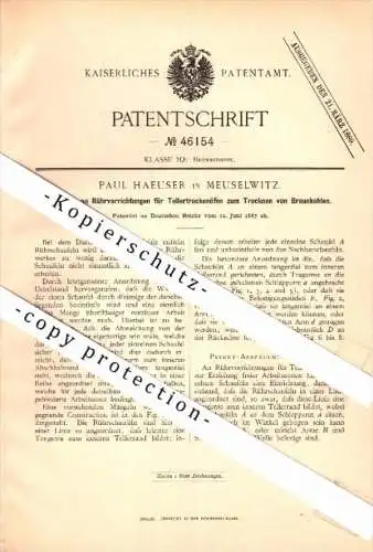 Original Patent - Paul Haeuser in Meuselwitz , 1887 , Trockenofen für Braunkohle , Bergbau , Zeche , Grube , Häuser !!!