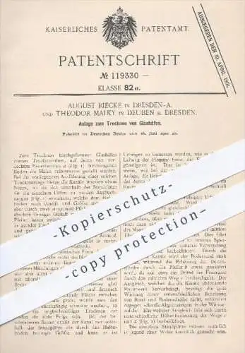 original Patent - A. Riecke , Dresden , Th. Malky , Deuben , 1900 , Anlage zum Trocknen von Glashäfen , Hafen , Häfen !!