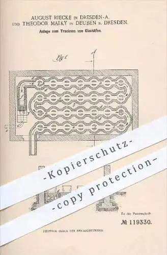 original Patent - A. Riecke , Dresden , Th. Malky , Deuben , 1900 , Anlage zum Trocknen von Glashäfen , Hafen , Häfen !!