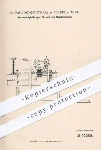 original Patent - Dr. P. Schlichthaar , Voerde / Wesel , 1894 , Geschwindigkeitsregler für rotierende Maschinenteile !!!