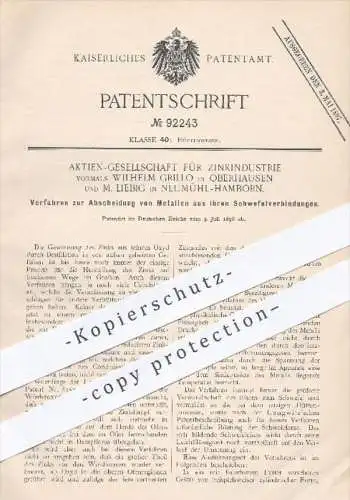 original Patent - Zinkindustrie AG / W. Grillo , Oberhausen / M. Liebig , Neumühl - Hamborn , 1896 , Metall , Metalle