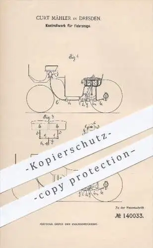 original Patent - Curt Mähler in Dresden , 1902 , Kontrollwerk für Fahrzeuge , Fahrzeug , Antrieb , Kupplung !!!