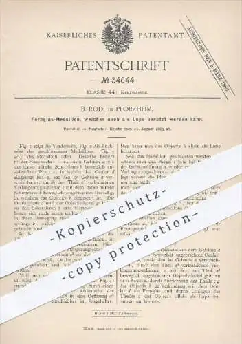 original Patent - B. Rodi , Pforzheim , 1885 , Fernglas - Medaillon und Lupe , Kurzwaren , Schmuck , Kette , Goldschmied