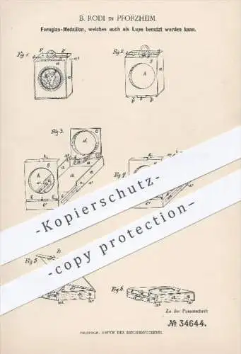 original Patent - B. Rodi , Pforzheim , 1885 , Fernglas - Medaillon und Lupe , Kurzwaren , Schmuck , Kette , Goldschmied