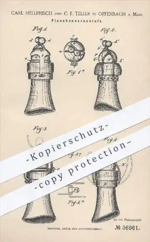 original Patent - C. Hellfrisch , C. F. Teller , Offenbach / Main , 1885 , Flaschenverschluss , Flasche , Flaschen !!