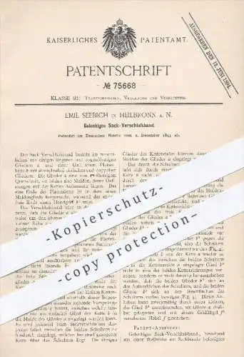 original Patent - E. Seebich , Heilbronn 1893 , Gelenkiges Sack - Verschlussband , Gall'sche Plattenkette , Gall , Kette