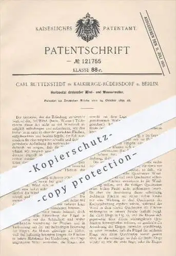 original Patent - Carl Buttenstedt , Kalkberge - Rüdersdorf / Berlin , 1899 , Horizontal drehender Wind- u. Wassermotor