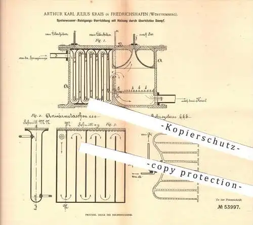 original Patent - A. K. J. Krais , Friedrichshafen , 1890 , Reinigung von Speisewasser mit Heizung , Dampfkessel !!!