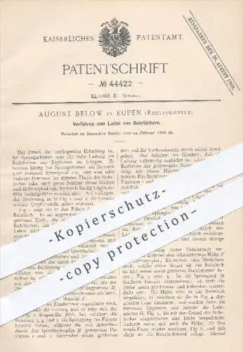 original Patent - A. Below , Eupen  1888 , Verfahren zum Laden der Bohrlöcher , Bohren , Bergbau , Sprengstoff , Dynamit