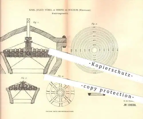 original Patent - K. J. Vöbel , Herne / Bochum , 1882 , Vielringventil , Ventil  Ventile , Maschinen , Dichtung , Metall