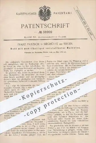 original Patent - F. Patzsch , Sieghütte / Siegen , 1886 , Bett mit verstellbarer Matratze , Betten , Möbel , Sessel !!