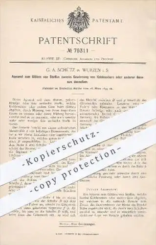 original Patent - G. A. Schütz , Wurzen , 1893 , Glühen von Stoffen zur Gewinnung von Kohlensäure , Gase , Chemie !!!