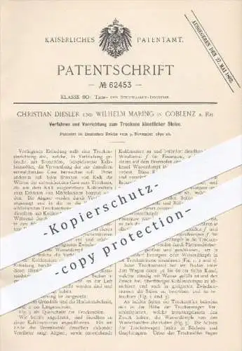 original Patent - Ch. Diesler , W. Maring , Koblenz , 1890 , Trocknen künstlicher Steine , Steingut , Ton , Brennofen !!