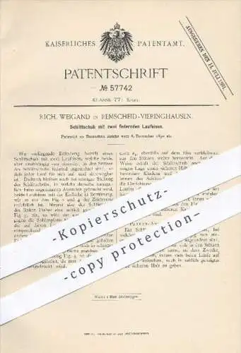 original Patent - R. Weigand , Remscheid Vieringhausen 1890 , Schlittschuh mit 2 federnden Laufeisen , Schlittschuhe !!