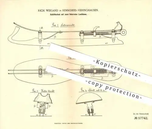 original Patent - R. Weigand , Remscheid Vieringhausen 1890 , Schlittschuh mit 2 federnden Laufeisen , Schlittschuhe !!