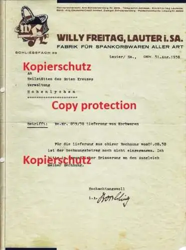 alte Rechnung Heilanstalt Hohenlychen 1938 , Willy Freitag in Lauter i. Sa. , Korbfabrik , Rotes Kreuz , Lazarett !!!