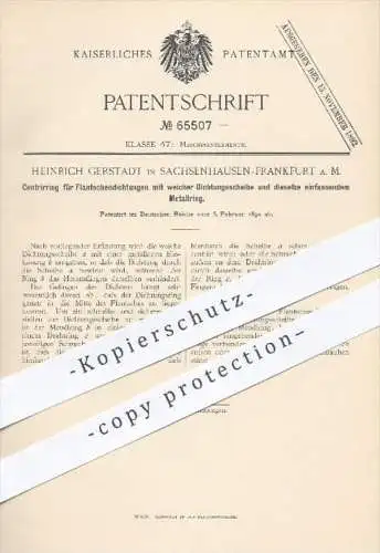 original Patent - H. Gerstadt , Frankfurt - Sachsenhausen , 1892 , Zentrierring für Flantschendichtungen , Dichtungen !!