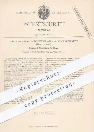 original Patent - Joh. Schlenker , Schwenningen / Schwarzwald , 1884 , Schlagwerk für Uhren , Uhr , Uhrwerk , Uhrmacher