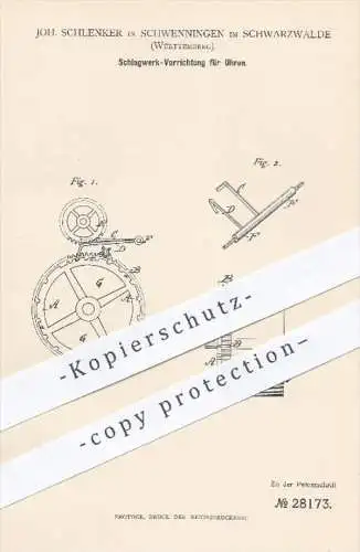 original Patent - Joh. Schlenker , Schwenningen / Schwarzwald , 1884 , Schlagwerk für Uhren , Uhr , Uhrwerk , Uhrmacher