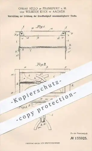 original Patent - O. Sello , Frankfurt / Main , W. Kuck , Aachen , Standfestigkeit zusammenlegbarer Tische , Tisch !!