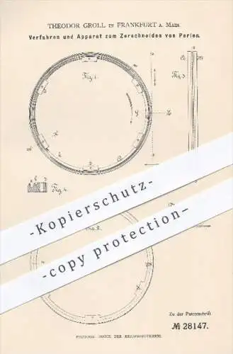 original Patent - Th. Groll , Frankfurt / Main , 1884 , Apparat zum Zerschneiden von Perlen , Korallen , Perle , Koralle