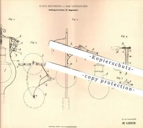 original Patent - Julius Krutmeyer in Bad Oeynhausen , 1901 , Aufhängung für Bogenlampen , Lampen , Beleuchtung , Licht