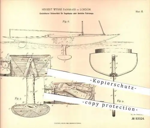 original Patent - Herbert Wynne Fairbrass in London , 1895 , Einziehbarer Schwertkiel für Segelboote , Boote , Schiffe !