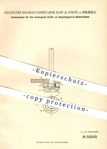 original Patent - Nähmaschinenfabrik Baer & Rempel , Bielefeld , 1894 , Schutz für Greifer an Doppelstich - Nähmaschine