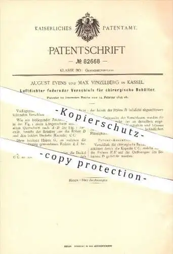 original Patent - A. Evens , M. Vinzelberg / Kassel , 1895 , Luftdichter Verschluss für chirurgische Behälter , Chirurge