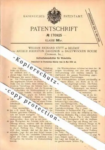 Original Patent -A.J. Davidson in Ballywoolen House , Crossgar , Ireland , 1904 ,  weaving , W.R. Stitt in Belfast !!!