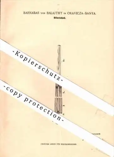 Original Patent - Barnabas von Balajthy in Oravicza-Banya / Oravicabánya , 1898 , Billiard-Stock , Rumänien , Romania !!
