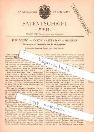 Original Patent  -  Luiz Fausto de Castro Guedes Dias in Lissabon , 1887 , Feuerwaffen !!!