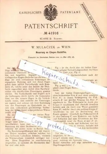 Original Patent  - W. Mulacek in Wien , 1887 , Neuerung an Etagen-Backöfen !!!