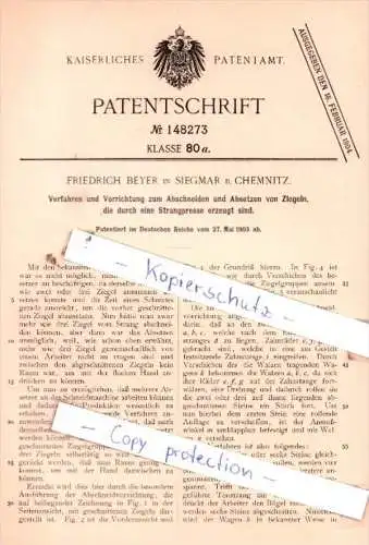 Original Patent  - Friedrich Beyer in Siegmar b. Chemnitz , 1903 , Abschneiden  von Ziegeln !!!