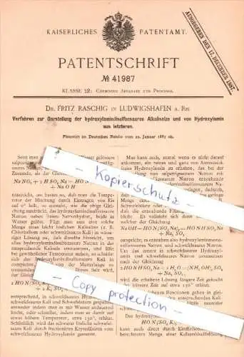 Original Patent  - Dr. F. Raschig in Ludwigshafen a. Rh. , 1887 , Alkalisalze !!!