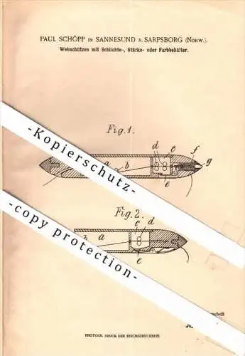 Original Patent - Paul Schöpp in Sannesund b. Sarpsborg , Norwegen , 1902 , Webschützen mit Farbe , Weberei , Norway !!!