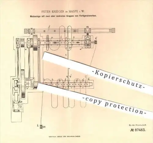 original Patent - Peter Krieger , Haspe , 1894 , Walzanlage mit Fertigwalzwerken in Gruppen , Walzen , Walze , Metall !!