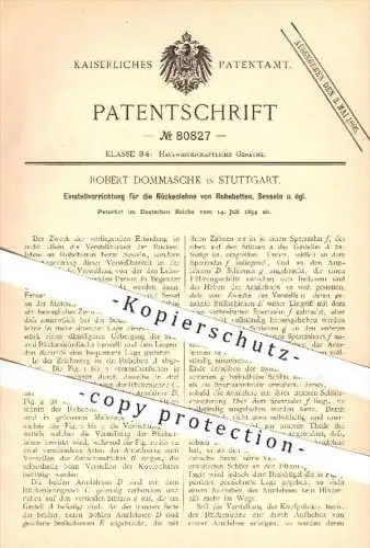 original Patent - R. Dommaschk , Stuttgart , 1894 , Verstellen der Rückenlehne von Betten , Sessel , Sofa , Möbel !!