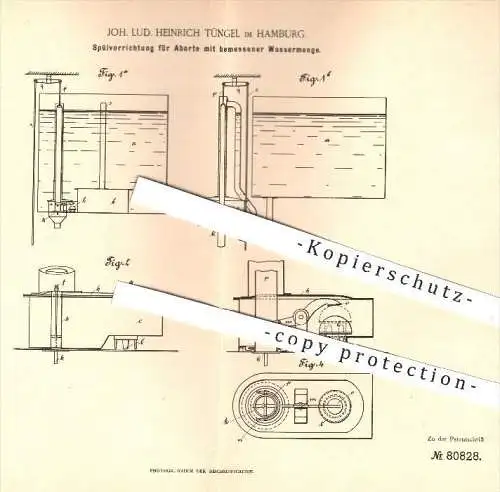 original Patent - J. L. H. Tüngel , Hamburg , 1894 , Spülung für Aborte mit bemessener Wassermenge , WC , Toilette !!!