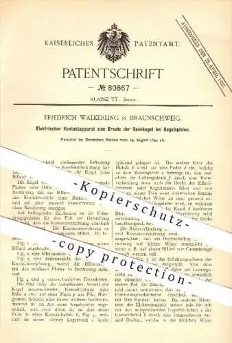 original Patent - F. Walkering , Braunschweig , 1894 , Elektr. Kontakt zum Ersatz der Kegel beim Kegeln , Billard !!