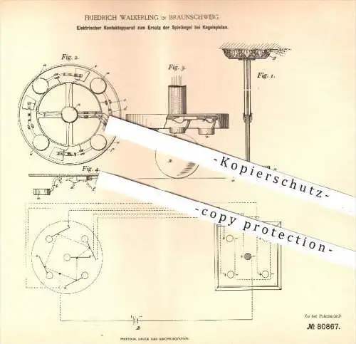 original Patent - F. Walkering , Braunschweig , 1894 , Elektr. Kontakt zum Ersatz der Kegel beim Kegeln , Billard !!