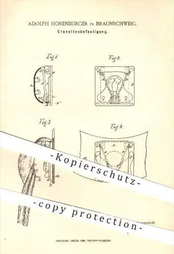 original Patent - Adolph Horenburger in Braunschweig , 1886 , Krawatten - Befestigung , Krawatte , Schlips , Bekleidung