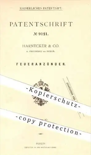 original Patent - Harnecker & Co. , Friedenau / Berlin , 1879 , Feueranzünder , Feuer , Petroleum , Brennstoffe , Zünder