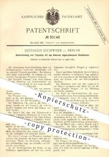 original Patent - Heinrich Eichwede in Berlin , 1884 , Seilverbindung von Torpedos , Torpedos , Kanonen , Geschosse !