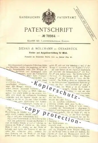 original Patent - Dierks & Möllmann , Osnabrück , 1894 , Förder- u. Ausgießvorrichtung für Milch , Landwirtschaft !!